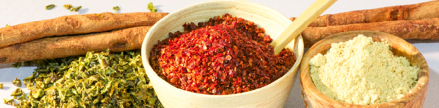 A close-up of assorted spices: a bowl of red chili flakes with a spoon, dried green herbs, cinnamon sticks, and a small bowl of yellow powder, all displayed on a light surface.