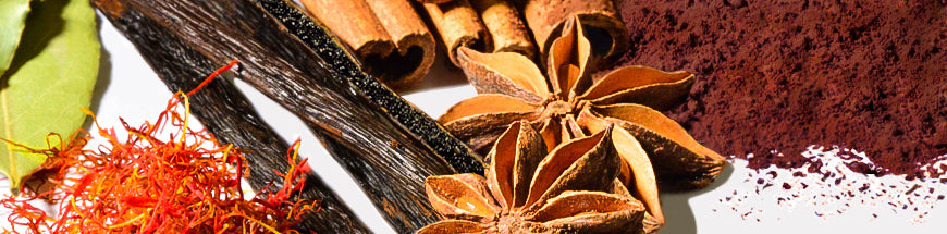 Close-up of assorted spices including vanilla beans, cinnamon sticks, star anise, saffron threads, bay leaf, and a pile of dark brown powder on a white background.