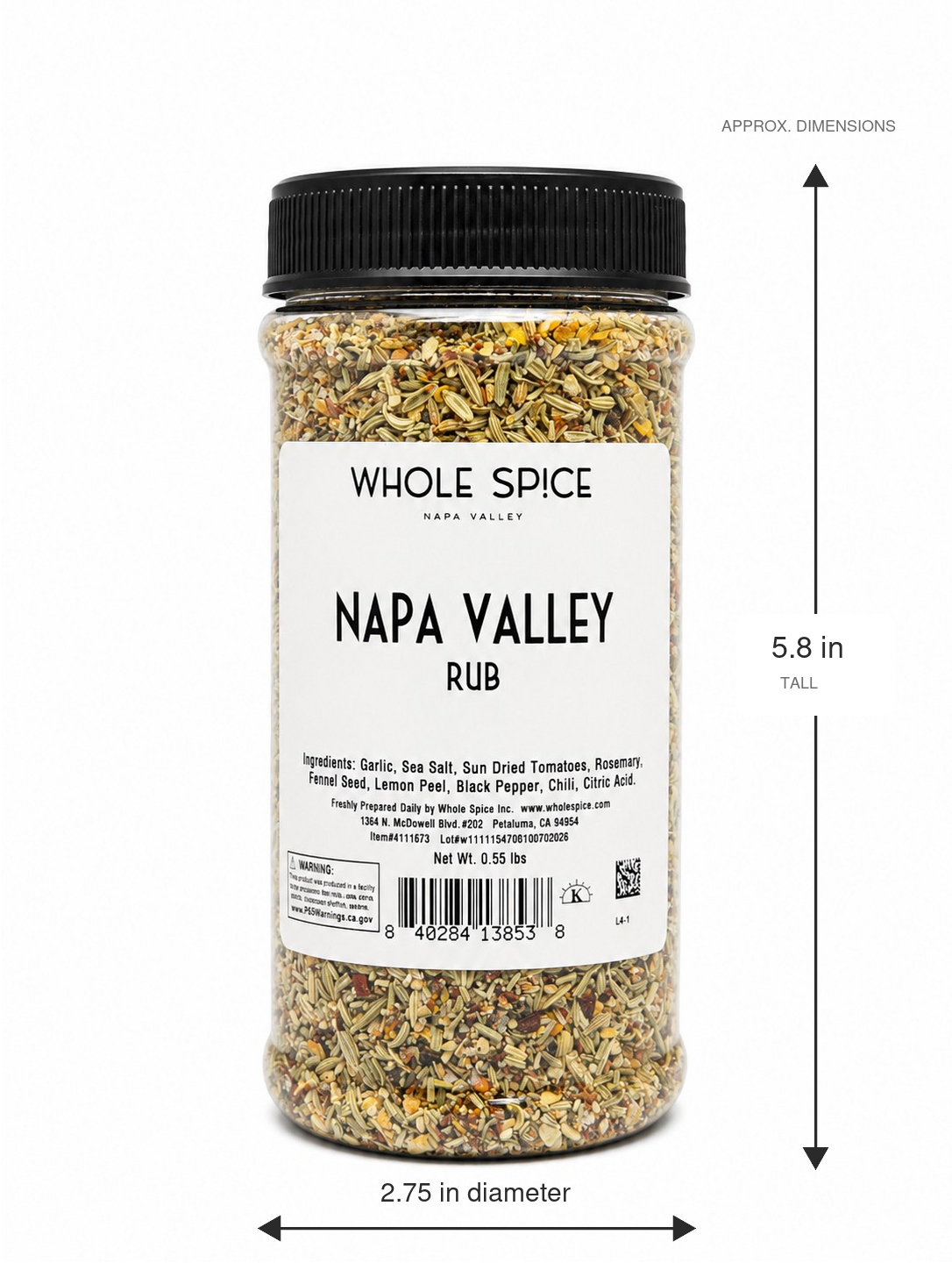 A jar of Whole Spice Inc. Napa Valley Rub—a gourmet and versatile seasoning blend—comes with visible herbs, a black lid, and label details listing its 5.8-inch height and 2.75-inch diameter. The label also clearly displays the spice blend’s ingredients and barcode.