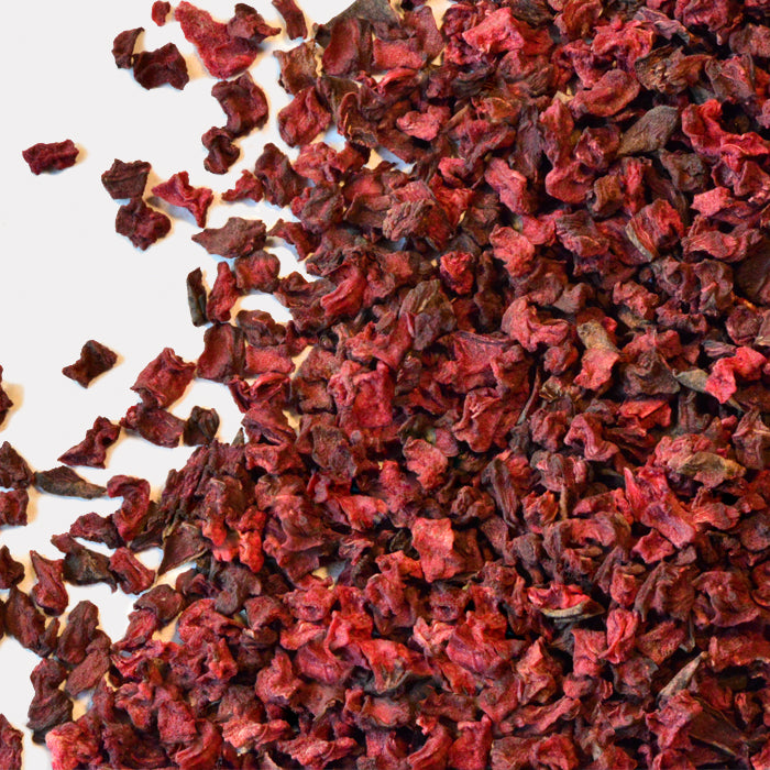Whole Spice Inc. Beet Root Dices, with their vibrant red and black color, resemble dehydrated beet root pieces and can be used as a unique ingredient to add color and flavor to soups.