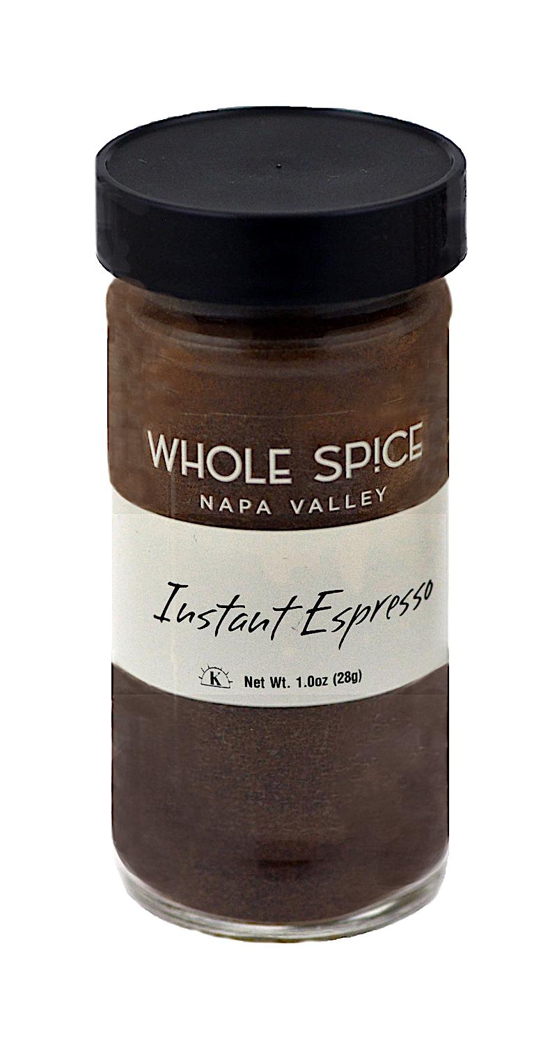 A 1 oz (28g) glass jar of Whole Spice Inc. Instant Espresso with a black lid—ideal for making coffee drinks or adding bold espresso flavor to baked goods.