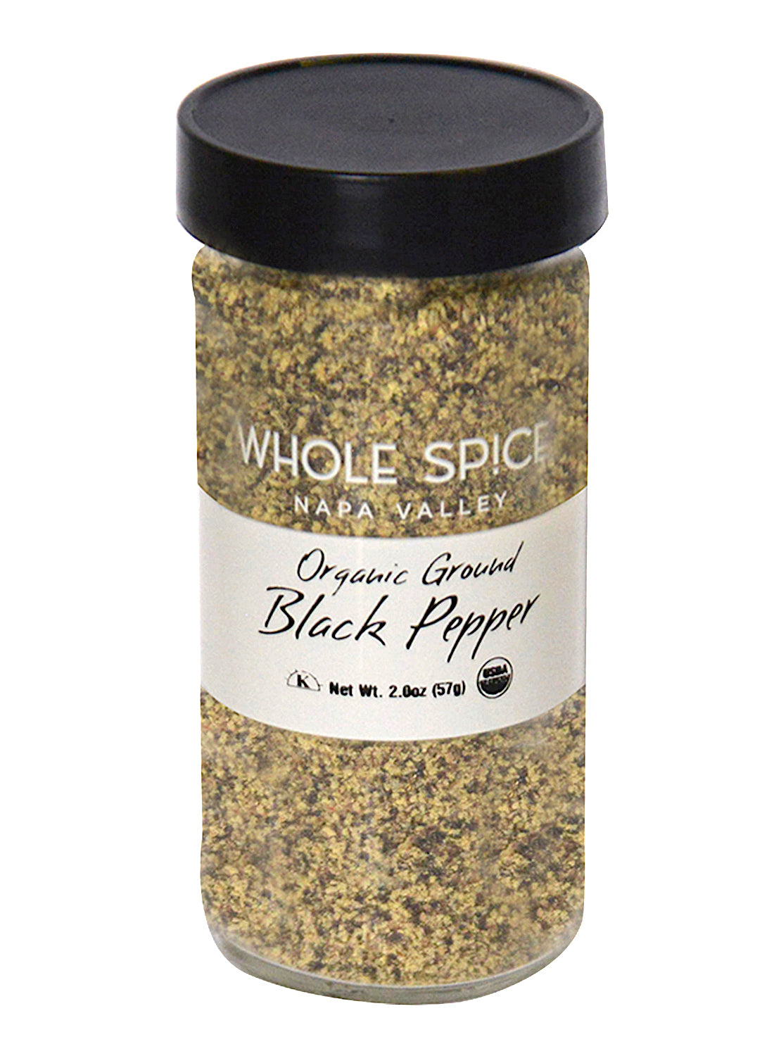 A glass jar of Whole Spice Inc. Pepper Black Ground #2 Organic, called the king of spices, with a black plastic lid and filled with organic black pepper. Net weight: 2 oz (57g).