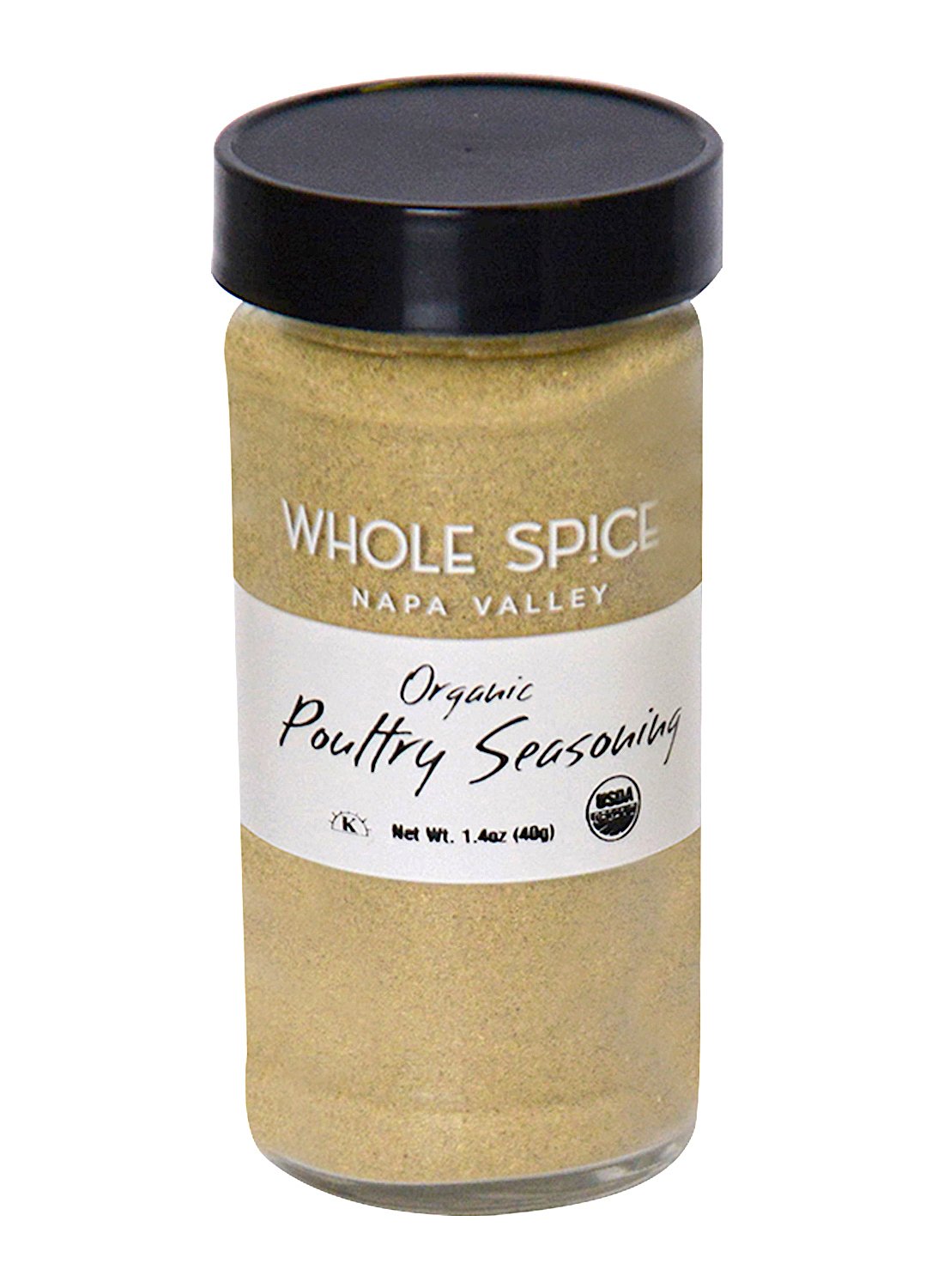 A clear glass jar with a black lid labeled Whole Spice Inc. Poultry Seasoning Organic contains a light tan organic poultry rub. The net weight is 1.4 oz (40 g).