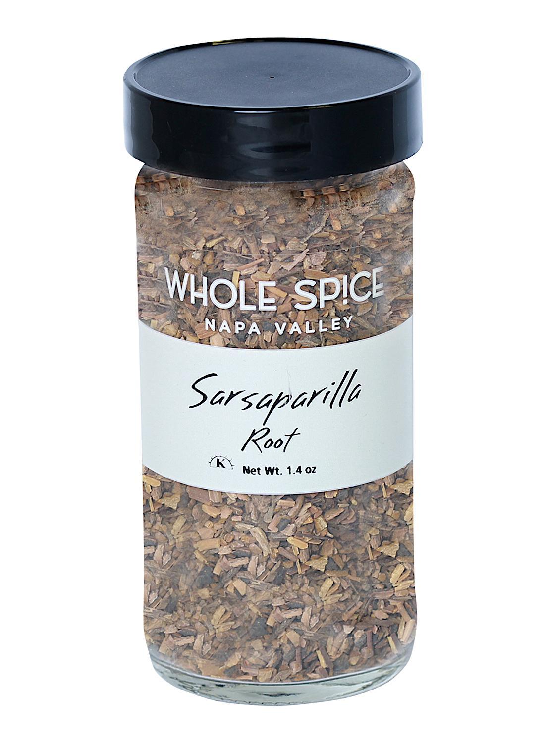 A jar of Whole Spice Inc. Sarsaparilla Root Cut, made from Hemidesmus Indicus, adds unique depth and flavor to your spice collection.
