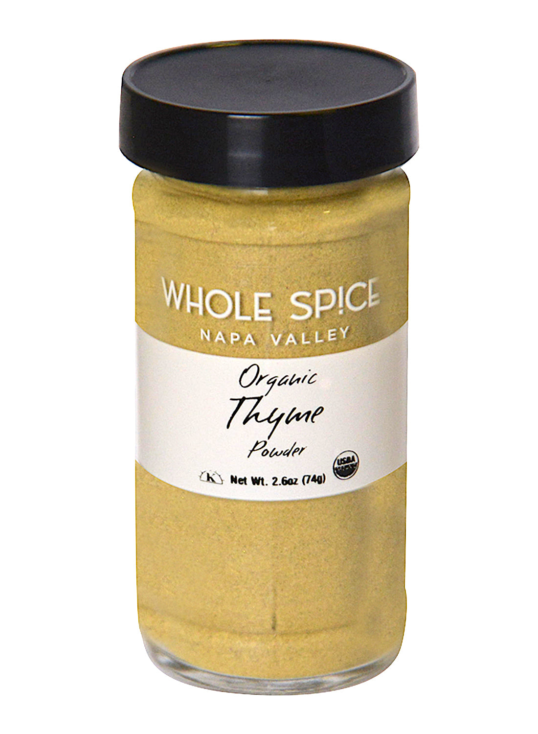 A clear glass jar with a black lid holds yellow-green Whole Spice Inc. Thyme Powder Organic, Net Wt. 2.6oz (74g), USDA Organic—your essential multi-purpose herb.
