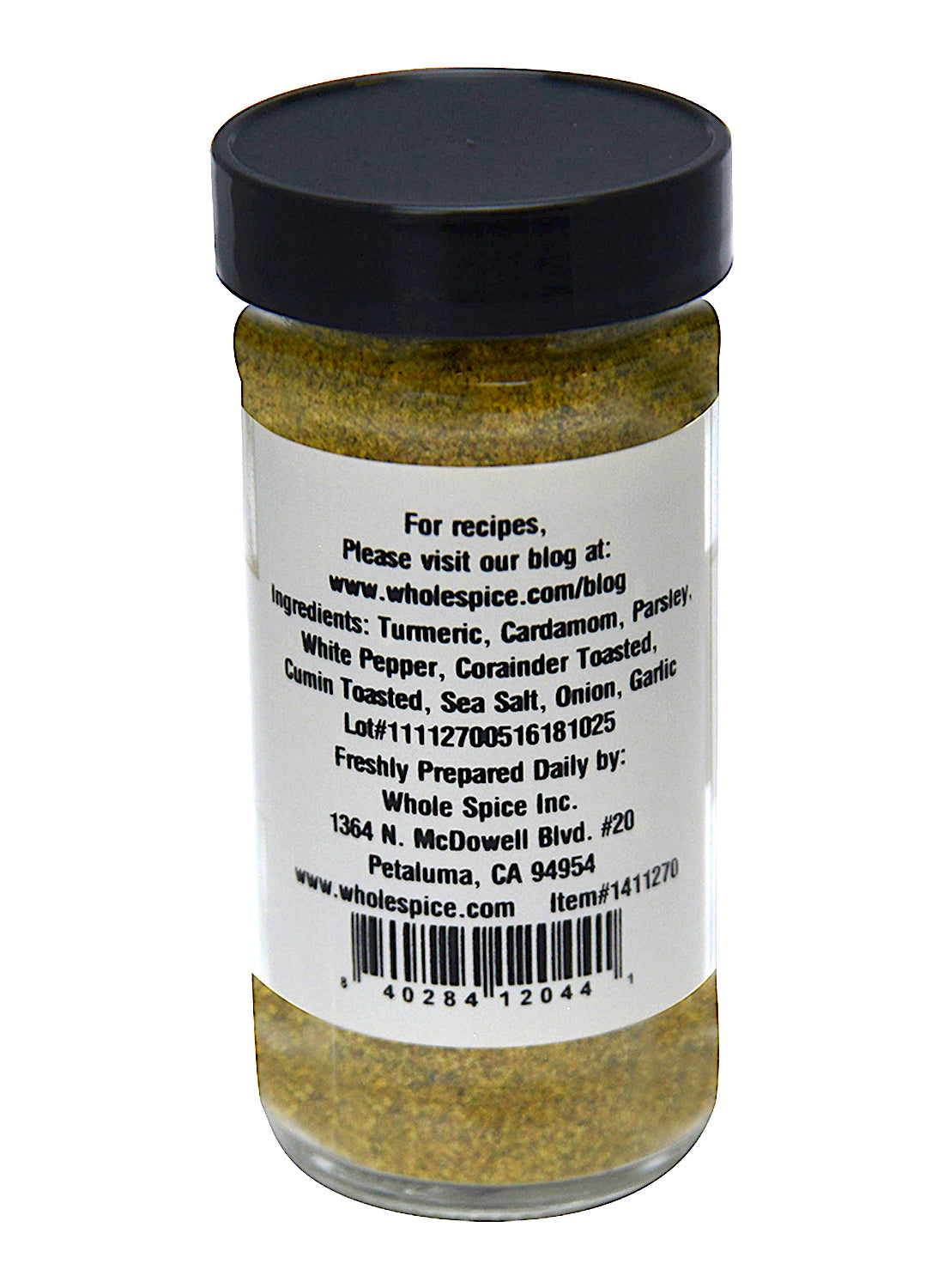Whole Spice Inc.'s Turkish Spice Rub comes in a spice jar with a black lid and a label listing turmeric, cardamom, parsley, and more—ideal for Turkish cooking. Manufacturer details and website are included on the packaging.