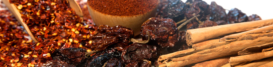 A close-up of dried chili flakes, ground chili powder, dried whole chilies, and several sticks of cinnamon arranged together.