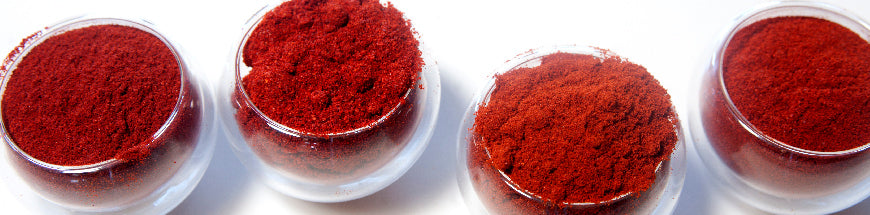 Four small glass bowls filled with bright red paprika powder, arranged in a row on a white background.