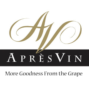 AprèsVin logo featuring elegant gold initials AV above a black band with APRÈSVIN in white uppercase letters. Below, the slogan reads, More Goodness From the Grape.