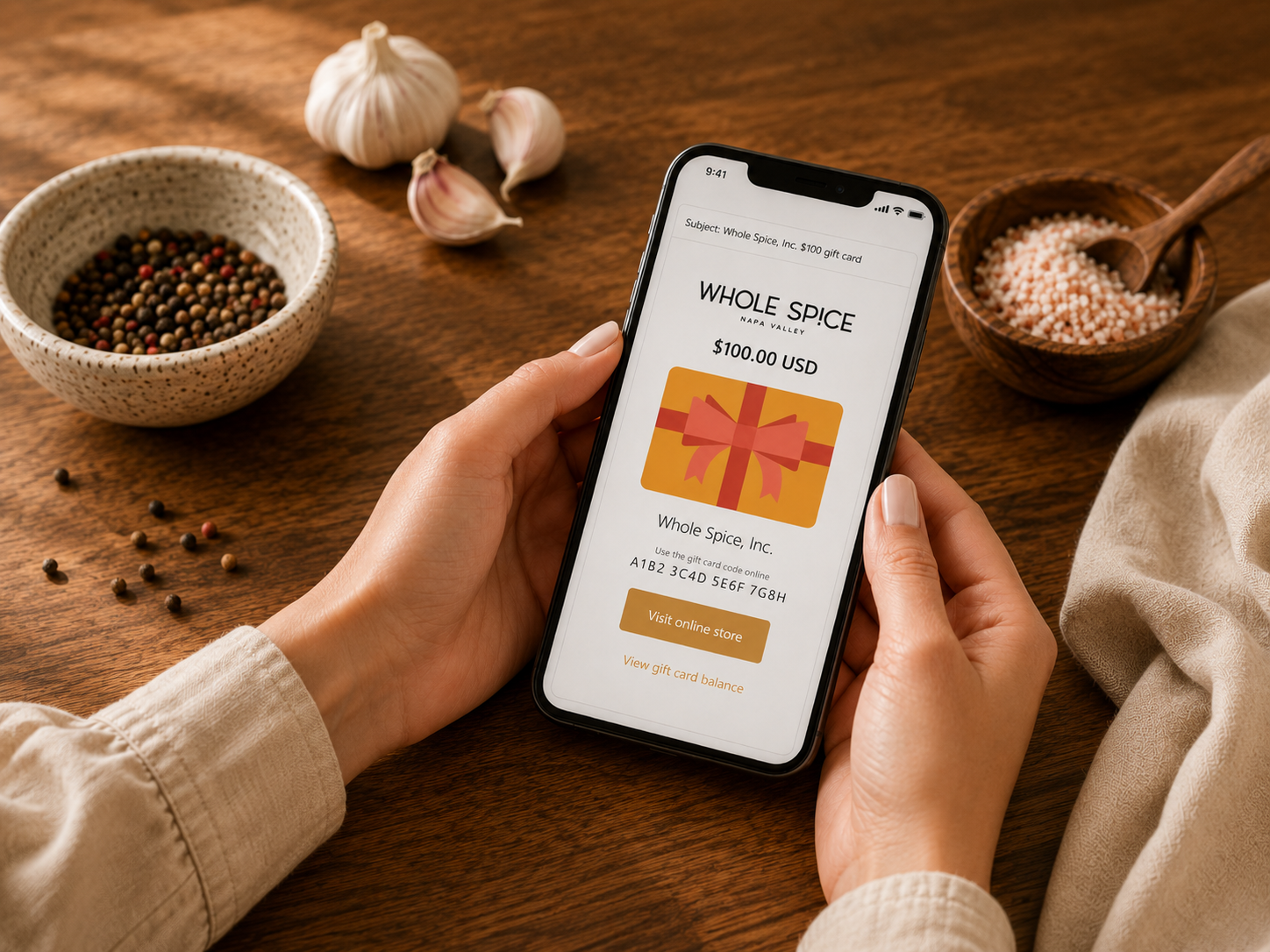 A person holds a smartphone displaying a Whole Spice Inc. Whole Spice Gift Card, valued at $100, surrounded by bowls of peppercorns, garlic, and pink salt on a wooden table.