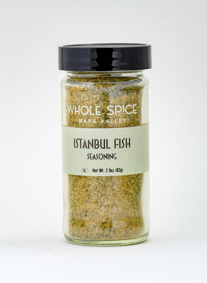 A 2.9 oz (83g) glass jar of Whole Spice Inc. Istanbul Fish Seasoning with a black lid, featuring an authentic Istanbul seafood blend, shown against a plain white background.