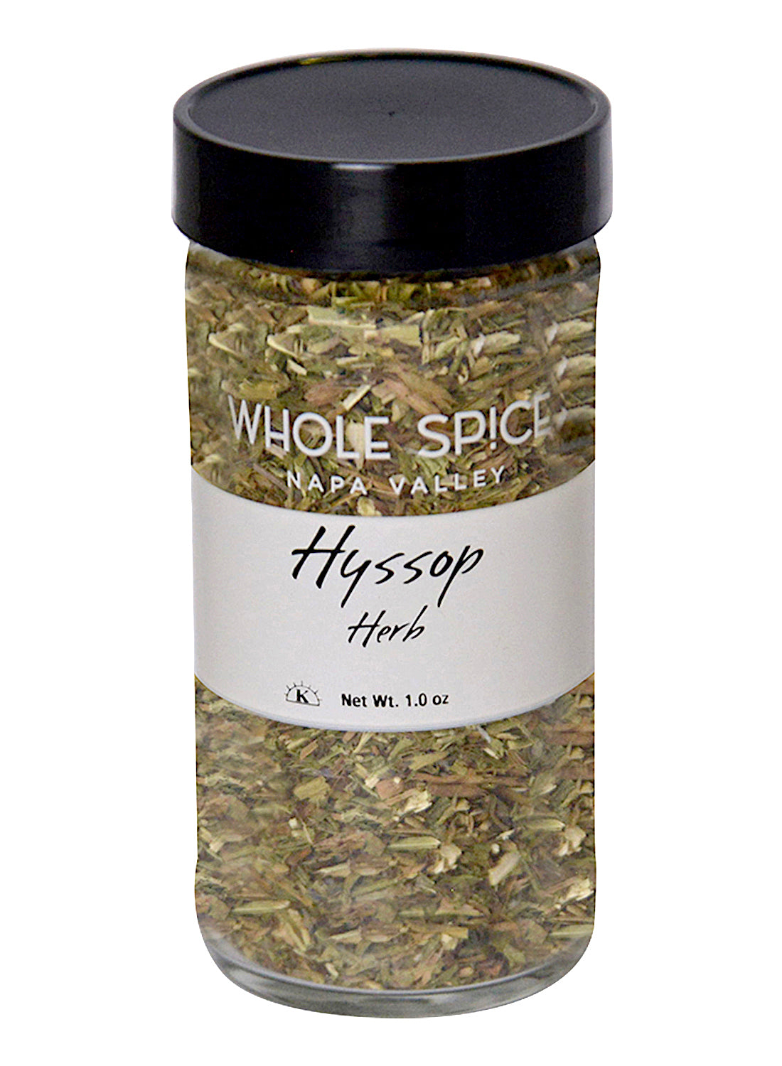 A clear glass jar with a black lid, labeled Whole Spice Inc. Hyssop Herb, contains dried, chopped green hyssop leaves for tea. Net weight: 1.0 oz.