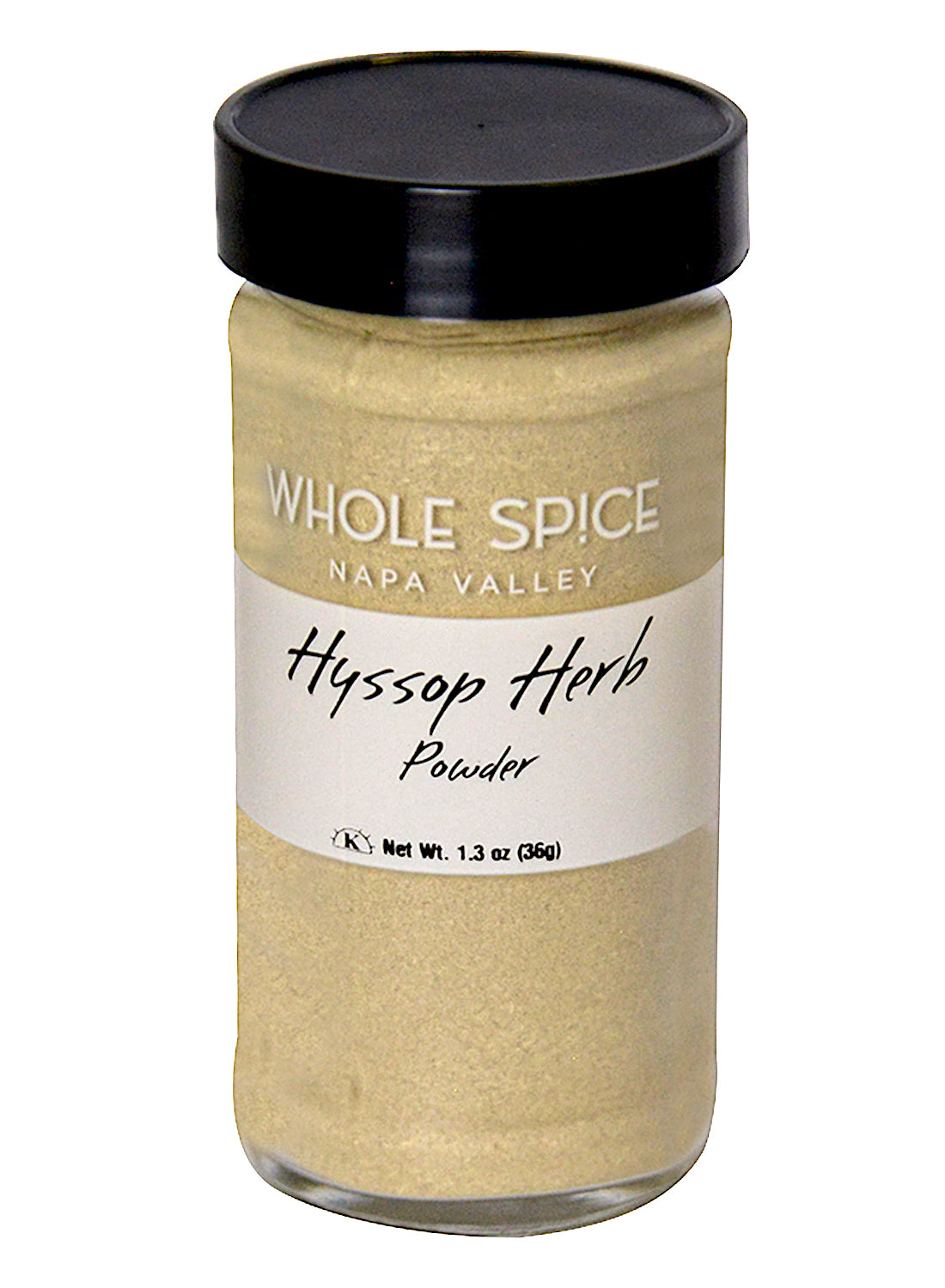 Hyssop Herb Powder by Whole Spice Inc. comes in a jar with a black lid and is made from aromatic hyssop, an evergreen shrub commonly used to brew soothing herbal tea.