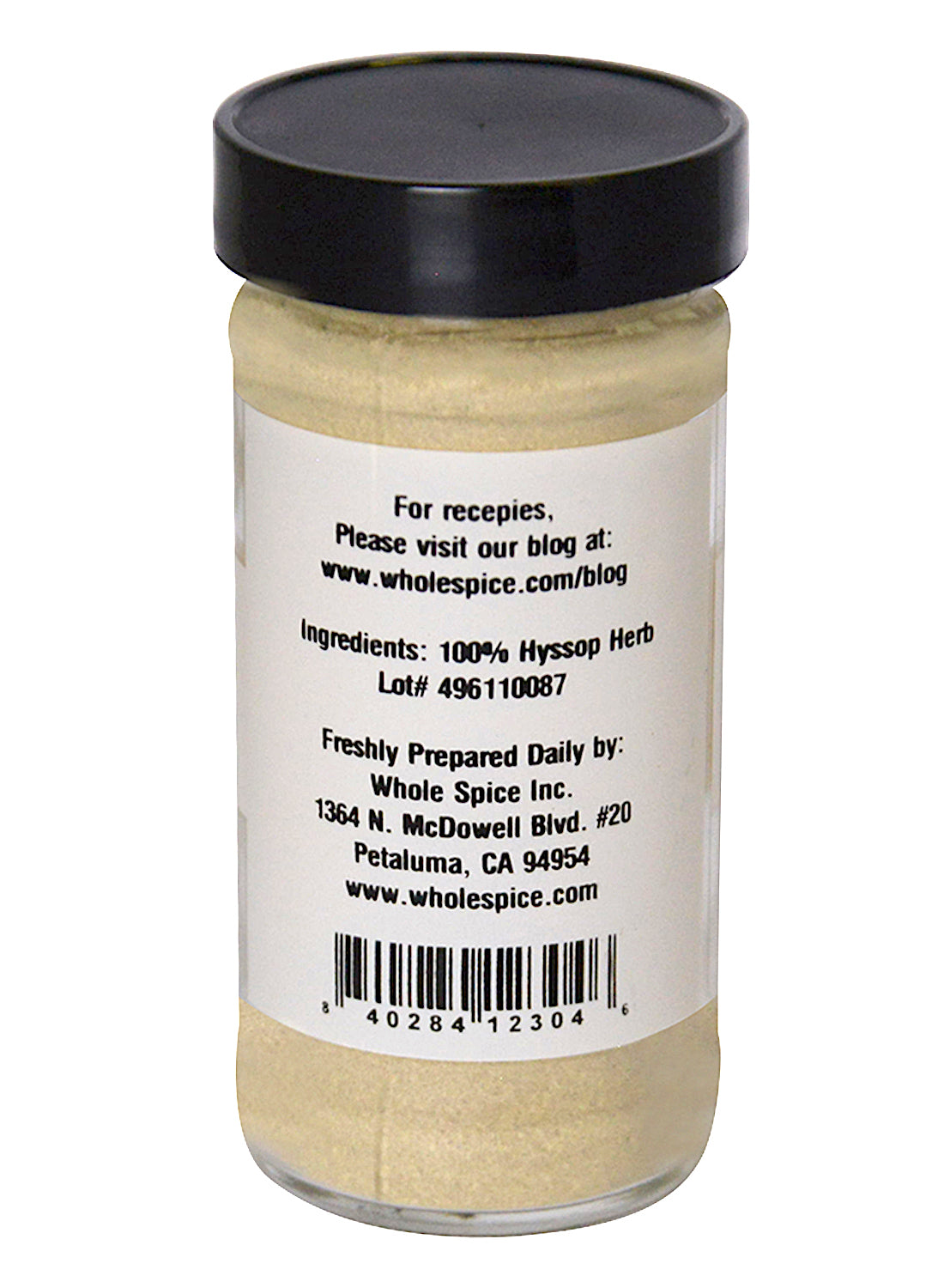 Whole Spice Inc. Hyssop Herb Powder comes in a clear glass jar with a black lid, containing pure light tan powder from the evergreen shrub—ideal for making hyssop tea. Label lists 100% Hyssop Herb plus Whole Spice Inc.’s contact info.