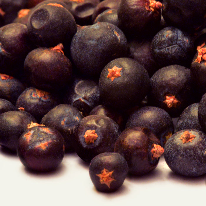 A close-up of Whole Spice Inc. Juniper Berries—dark purple with reddish-brown stems—clustered on a white surface, a savory spice commonly used in Scandinavian cuisine.
