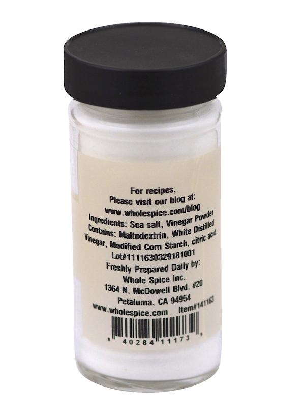 Whole Spice Inc. Malt Vinegar Sea Salt comes in a small clear jar with a black lid and lists sea salt, vinegar powder, maltodextrin, white distilled vinegar, modified corn starch, and citric acid—ideal for flavorful French fries.