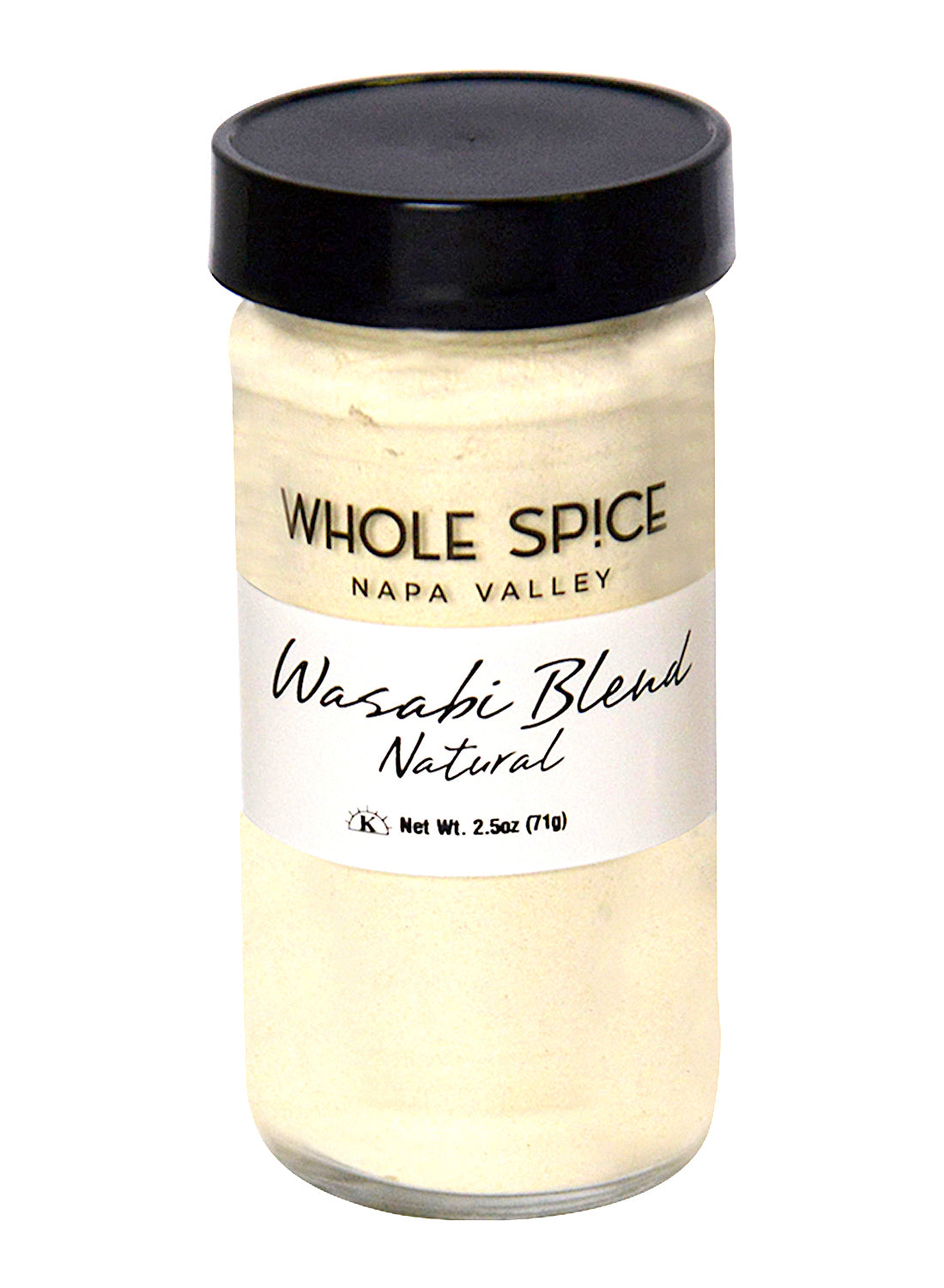 A clear glass jar with a black lid labeled “Wasabi Blend Natural” by Whole Spice Inc. holds 2.5 oz (71g) of fine, off-white wasabi powder—ideal as a Japanese condiment or sushi seasoning.
